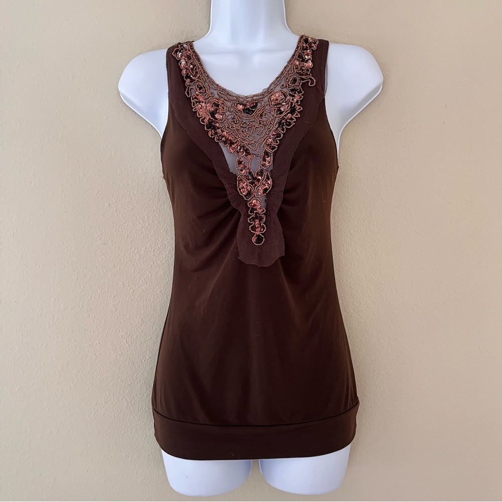 Vintage Y2K Top Size Medium Brown Sequin Mesh Forest Fairy Witchy Whimsigoth